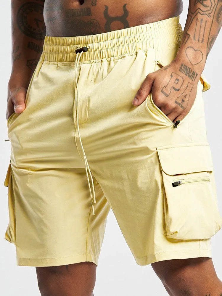 Black men's elastic fitness shorts with quick-dry lining for running and gym workouts