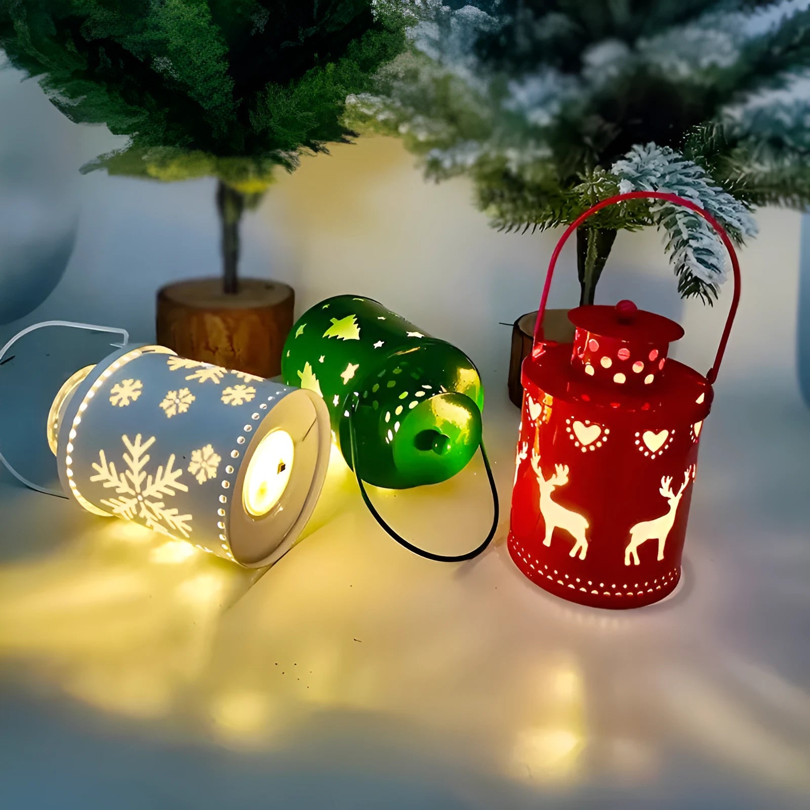 Wrought iron LED candle light in Nordic style for Christmas decoration, with flickering warm glow on a wooden mantel