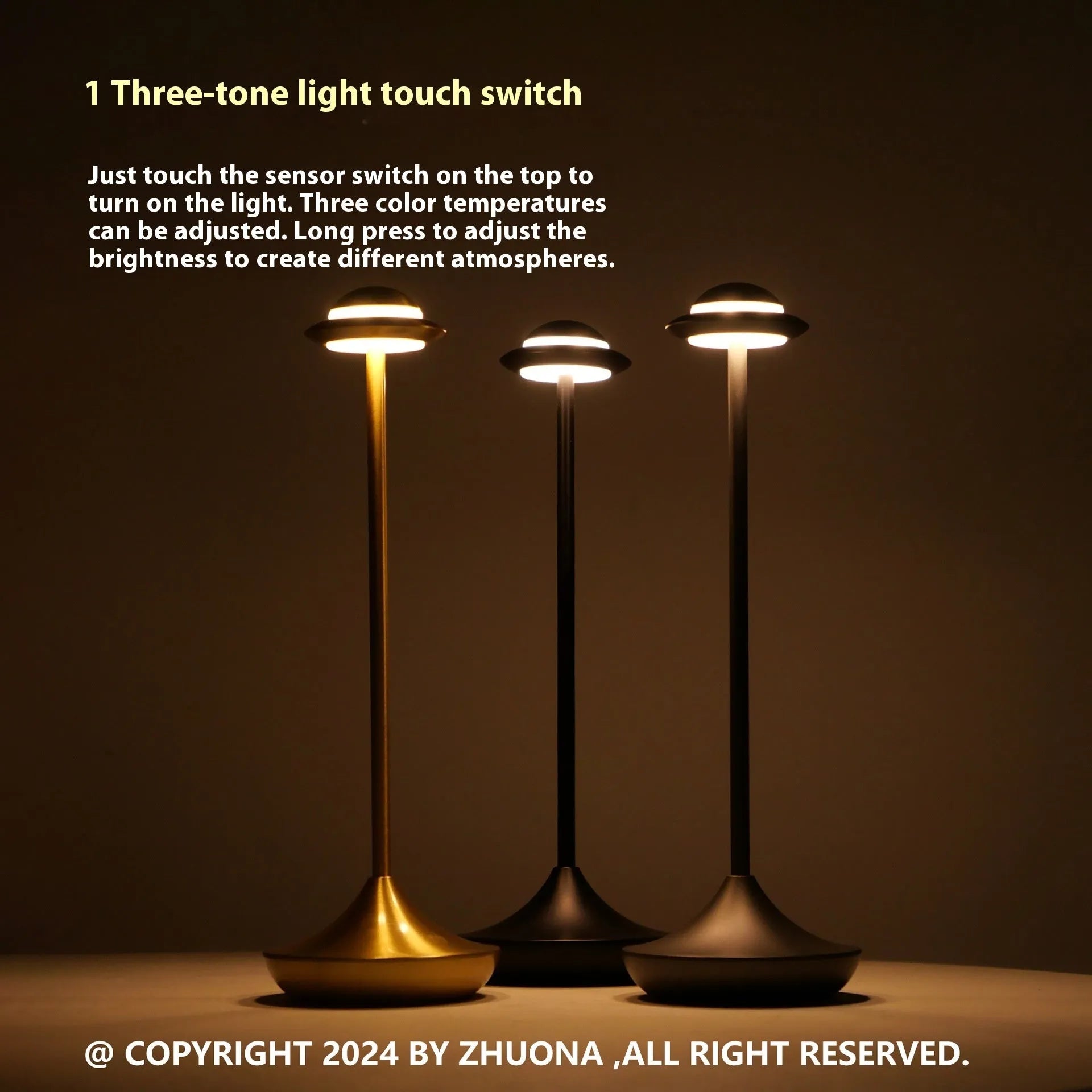 Black UFO-shaped metal table lamp with rechargeable battery and touch dimming controls.