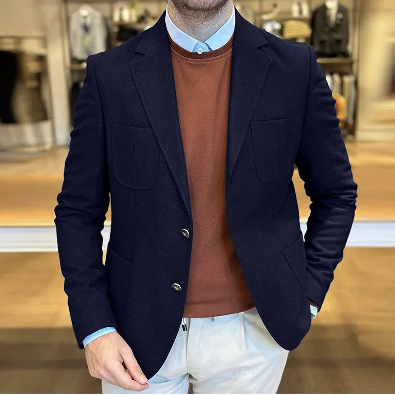 Men's cotton tailored suit jacket in loose retro fit with solid colour design