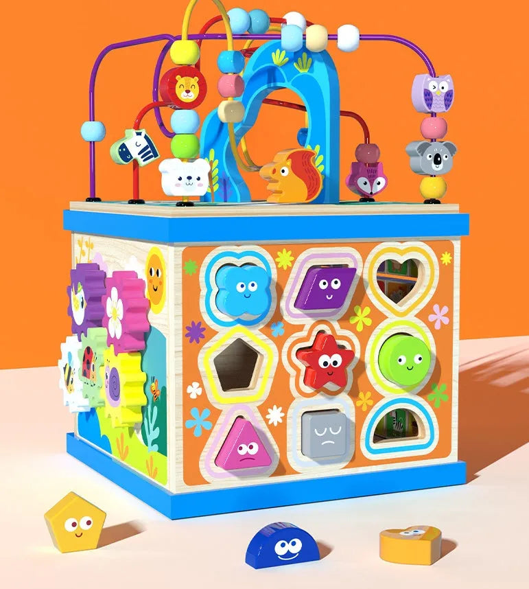 Blue wooden bead treasure box toy with multiple play scenes for babies and children