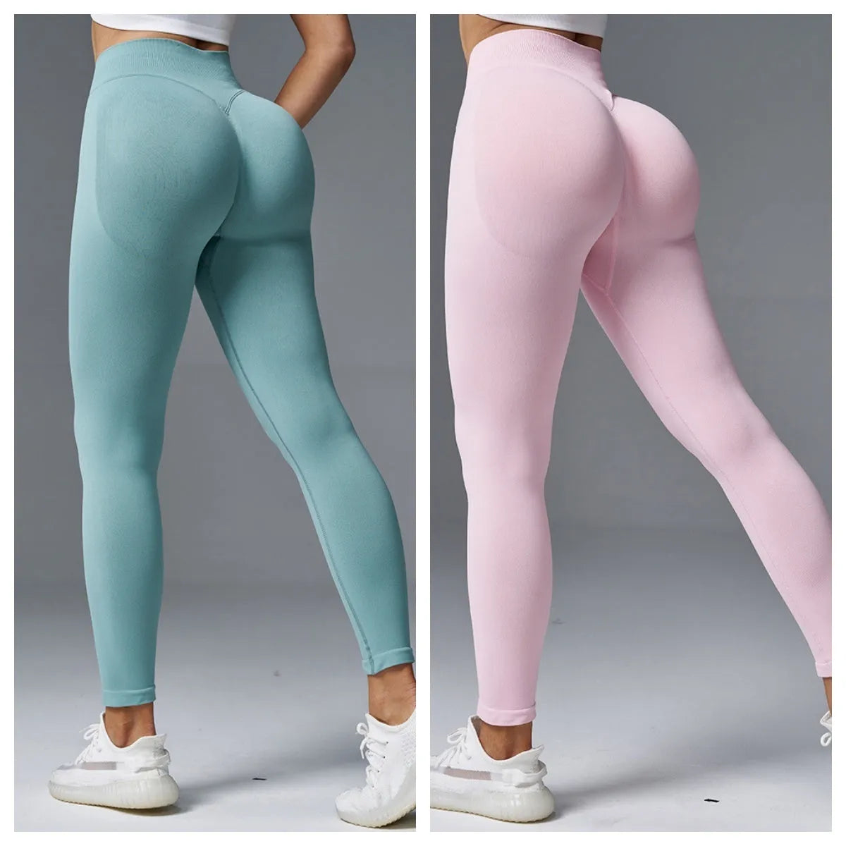 Peach hip tight mid waist yoga pants in cotton blend fabric for fitness and running