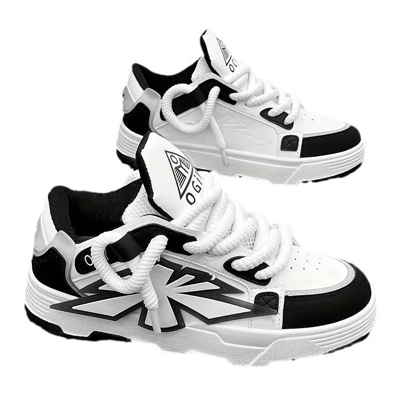 Men's white clunky casual sneakers with cartoon totem pattern, round toe, and lace-up front on a rubber sole.