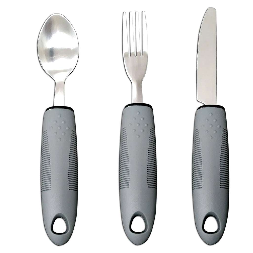Stainless steel adaptive cutlery set with rubber handles for elderly or disabled users