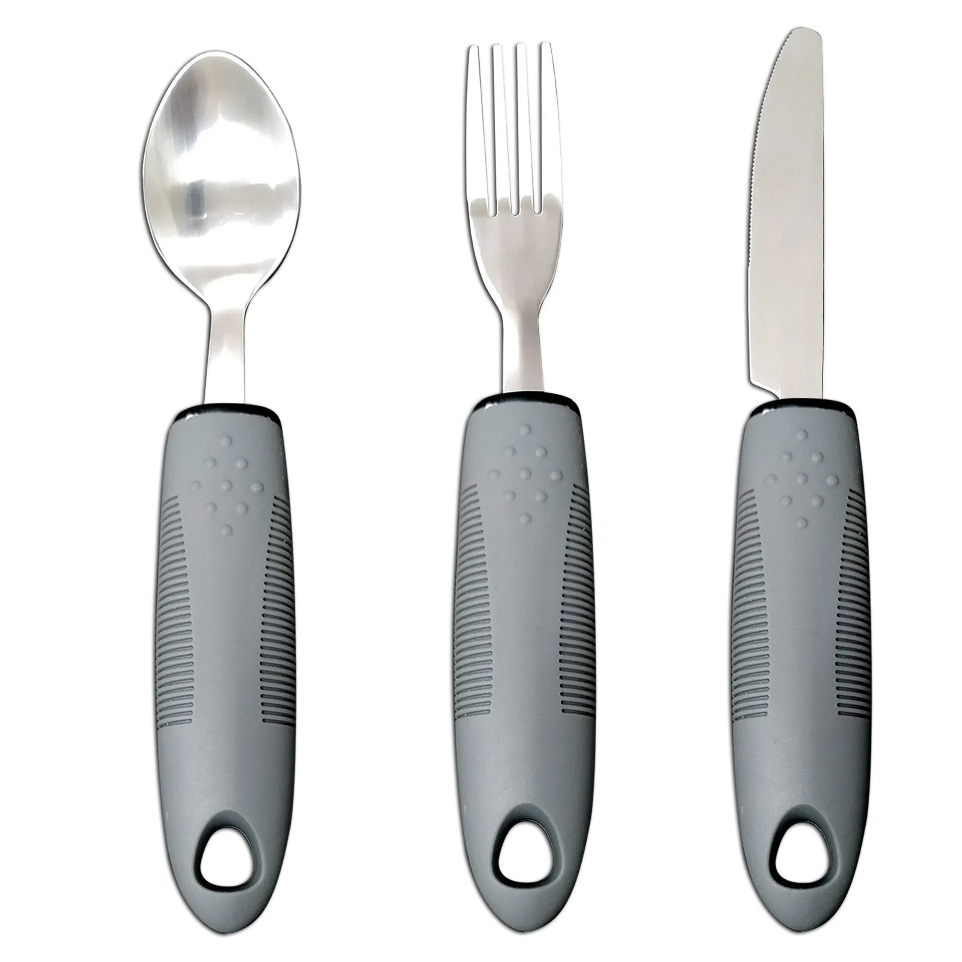 Stainless steel adaptive cutlery set with rubber handles for elderly or disabled users