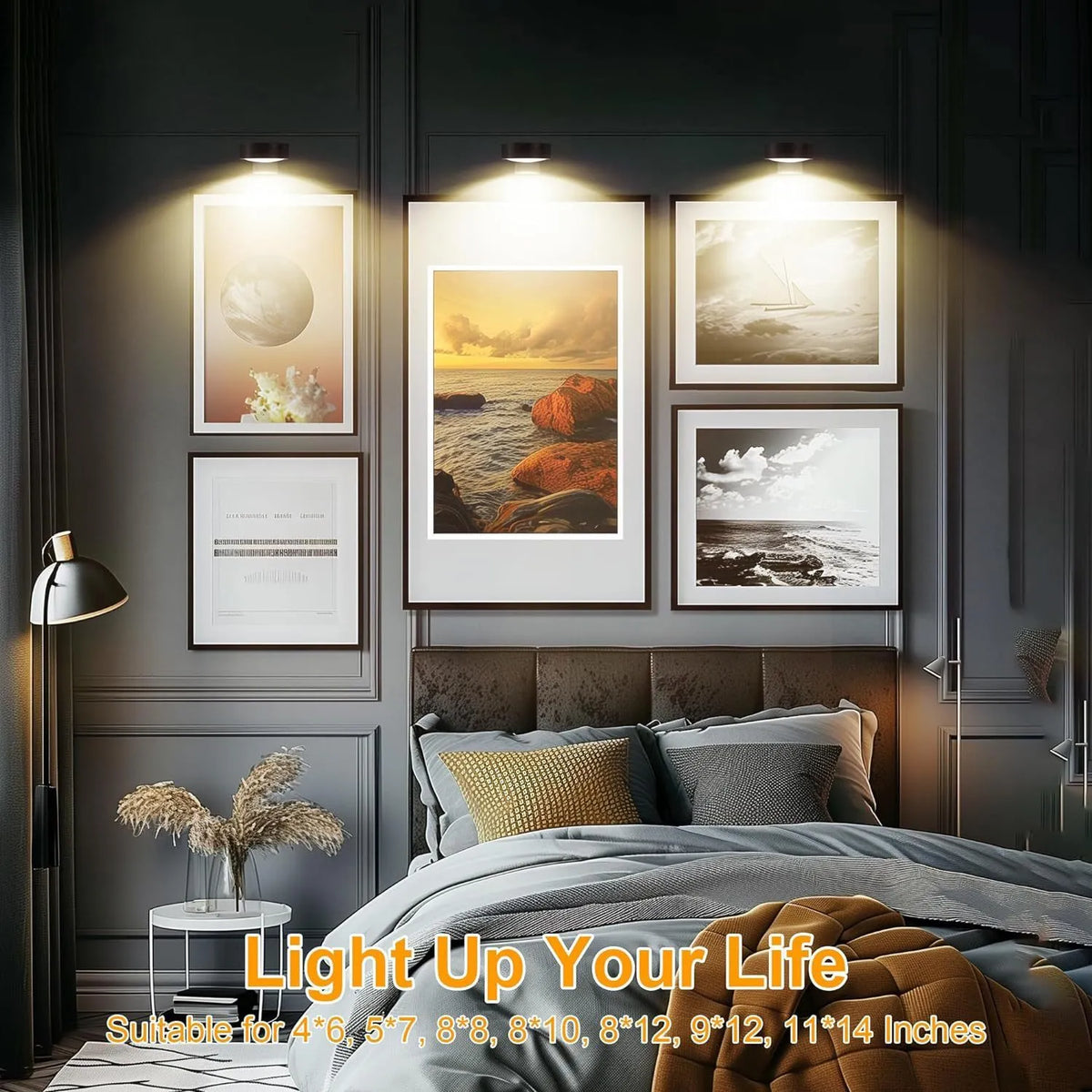 Wireless magnetic LED painting lamp with remote control in black, white or gold, showing multiple light configurations and RGB colour options