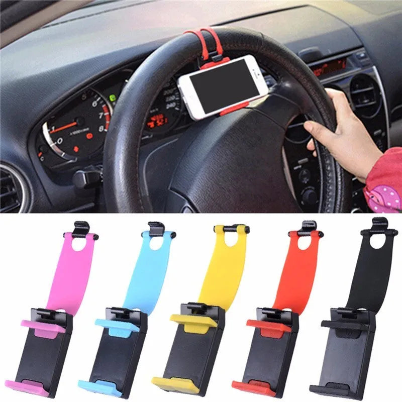 Black universal steering wheel phone clip holder mounted with a smartphone displaying a map.