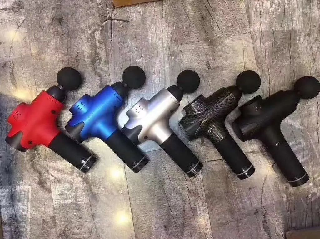 EM03 digital massage gun with LCD screen, six massage heads, and 20 speed levels in black finish