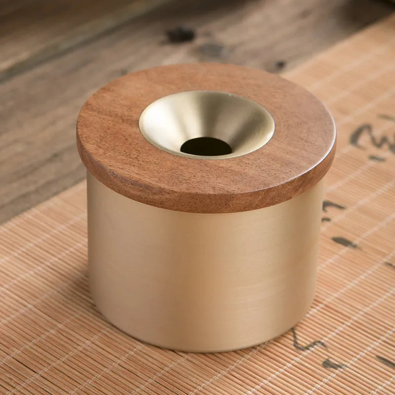Retro brass ashtray with wooden lid and centre hole, solid copper construction for indoor smoking