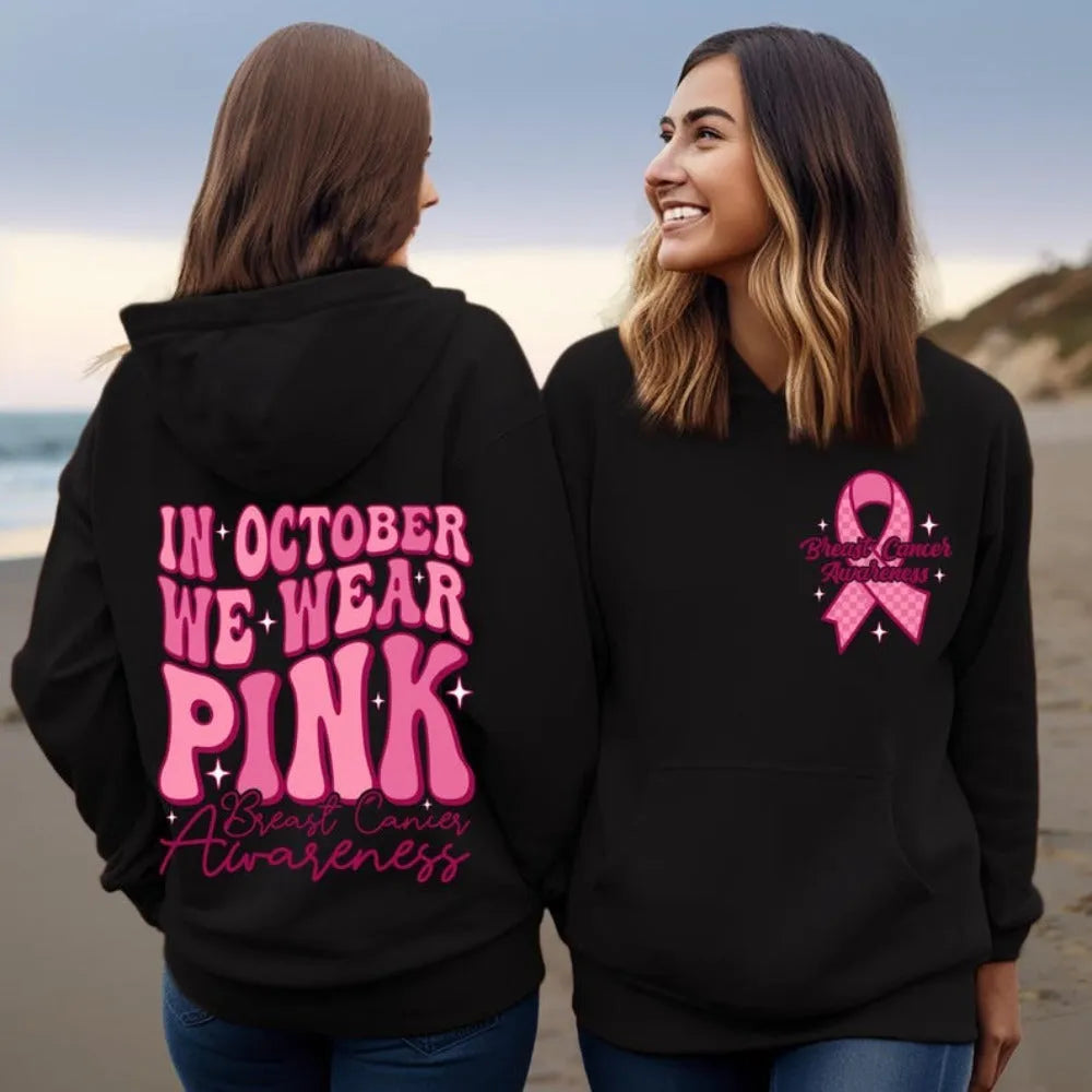 Breast cancer awareness pullover hoodie with retro art design and side seam pocket in pink colour.