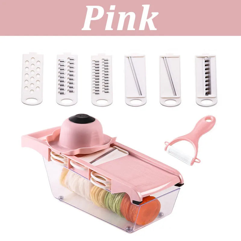 Multifunctional vegetable cutter with 7 stainless steel blades and wheat straw body in black, 31.8 cm