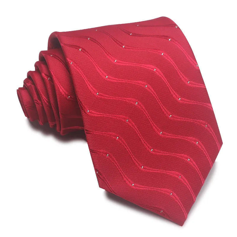 8cm wide polyester jacquard striped men's business tie shown in multiple colour variations