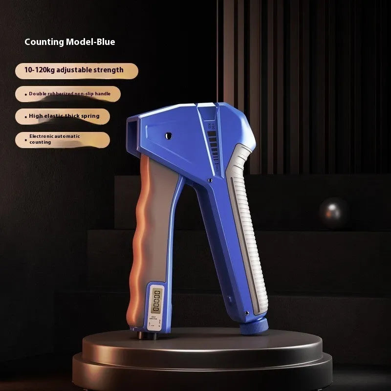 Adjustable hand gripper fitness equipment with a mechanical counter and dial on a coloured PP plastic frame.