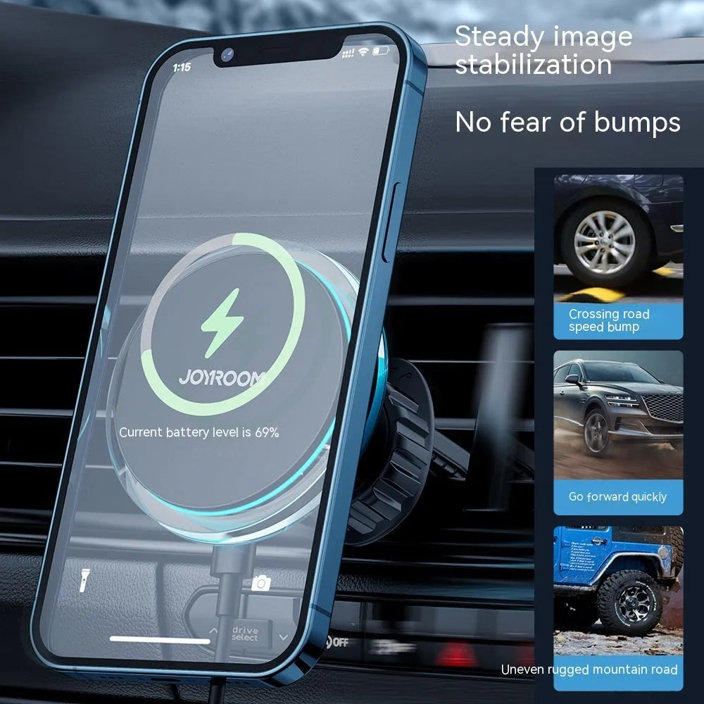 Black magnetic wireless charging phone mount attached to a car air vent.