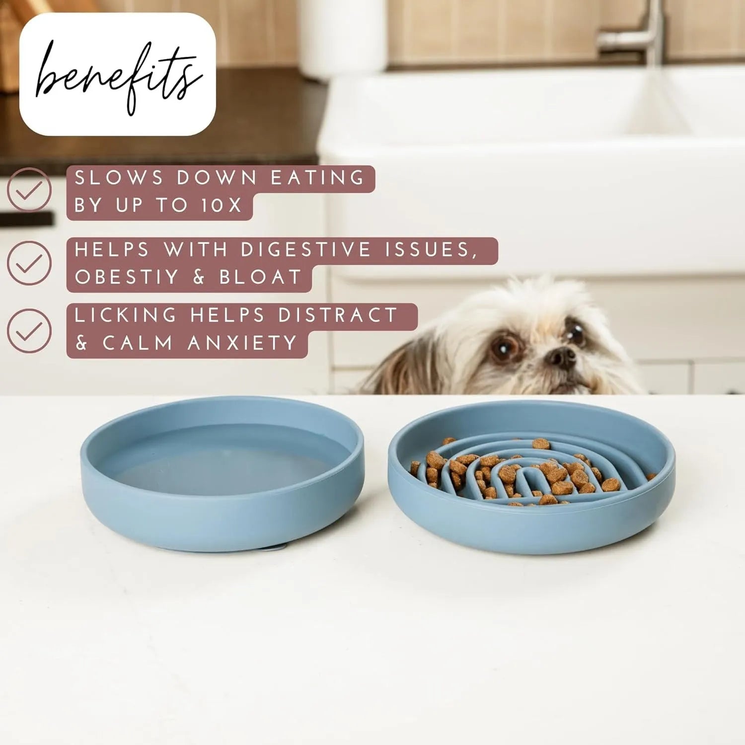 Silicone slow feeder dog bowl with ridges, shown in beige colour, measuring 19 cm.