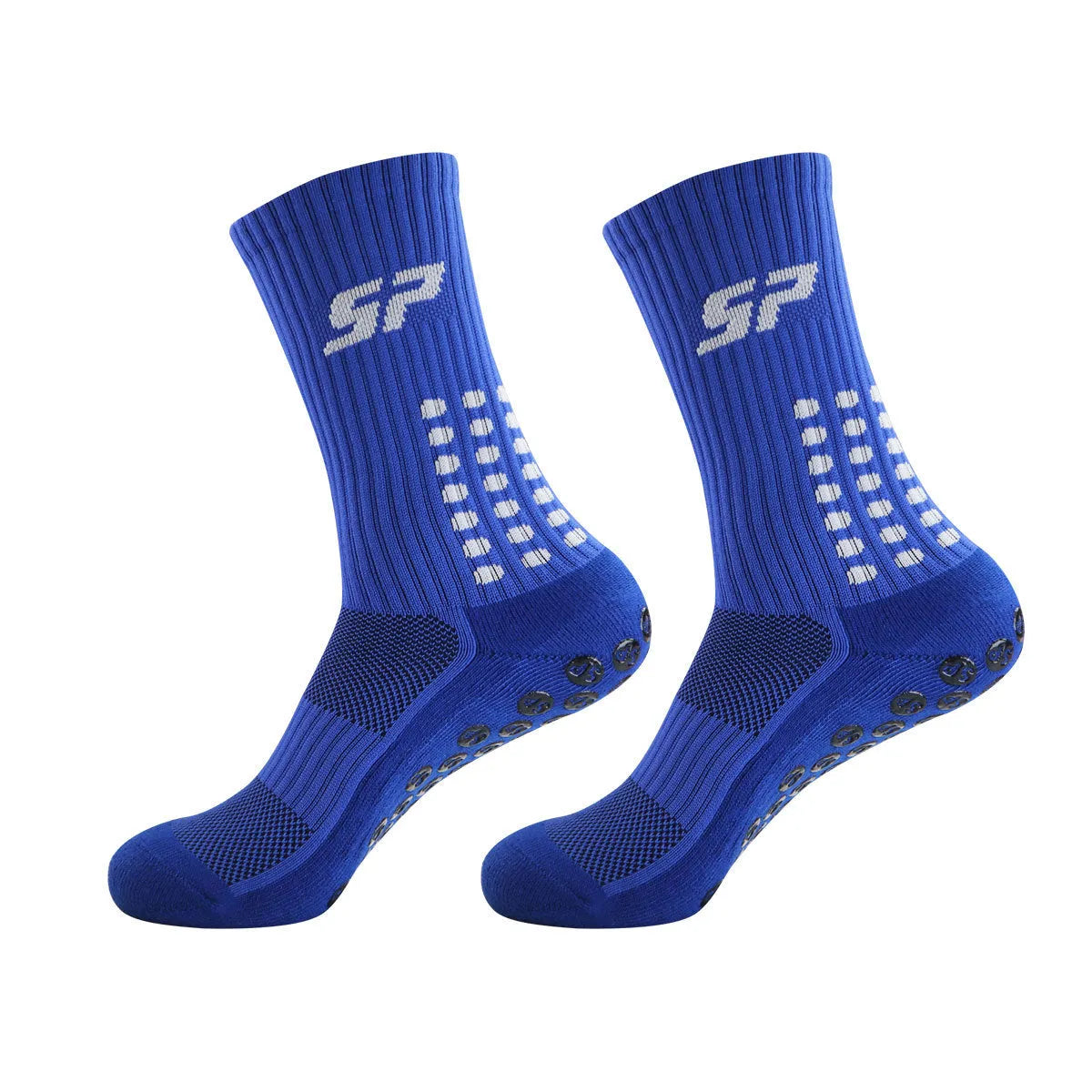 Non-slip nylon mid-calf socks for badminton and soccer in blue, shown on a white background