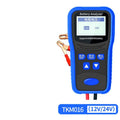 TKM016 car battery tester on a workbench, showing its compact 167x86x32mm size and handheld design