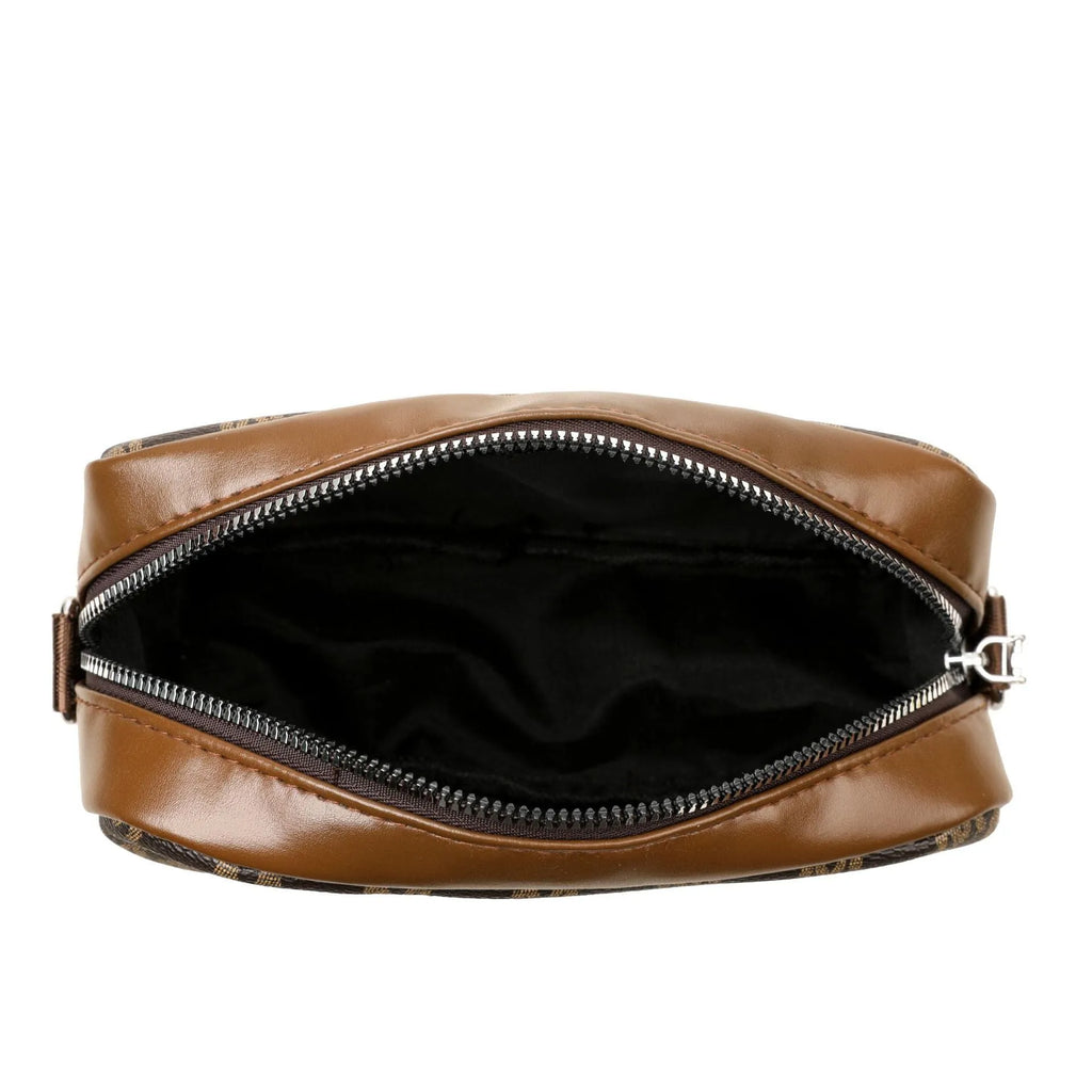 Black wide-strap crossbody bag made of PU leather, showing the three-dimensional outer pocket and adjustable shoulder strap.