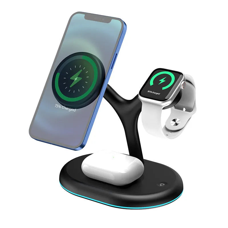 Black magnetic three-in-one 15W fast wireless charging stand with vertical orientation for desktop phone charging