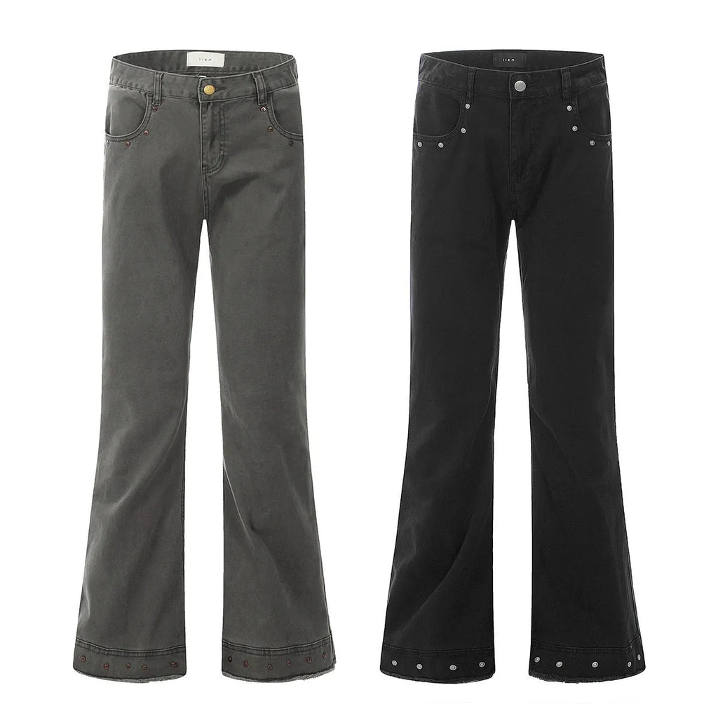 Black American retro straight-leg skinny jeans on a hanger, showing mid-waist and zipper fly detail.