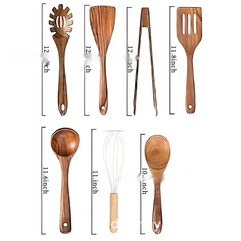 Wooden kitchen utensil set with spoons and spatulas in 7-piece tableware collection