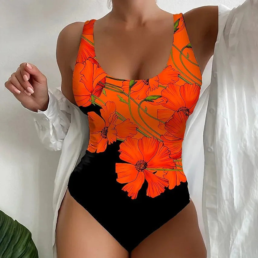 Women's 3D printed one-piece swimsuit in Lycra fabric available in orange red, sky blue, and purple colours