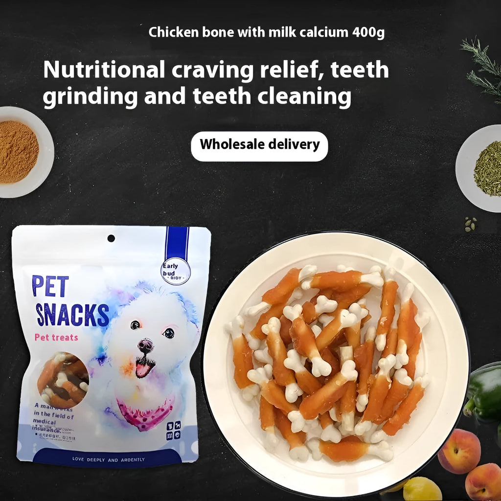 400g bag of Betty Chicken Wrapped Calcium Bone dog treats showing chicken-wrapped milk bone shape