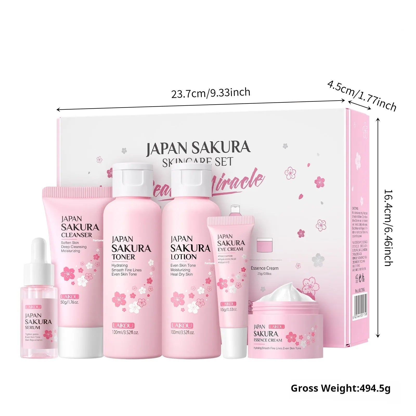 Cherry Blossom six-piece skincare set showing cleanser, toner, cream, essence, eye cream and essence cream