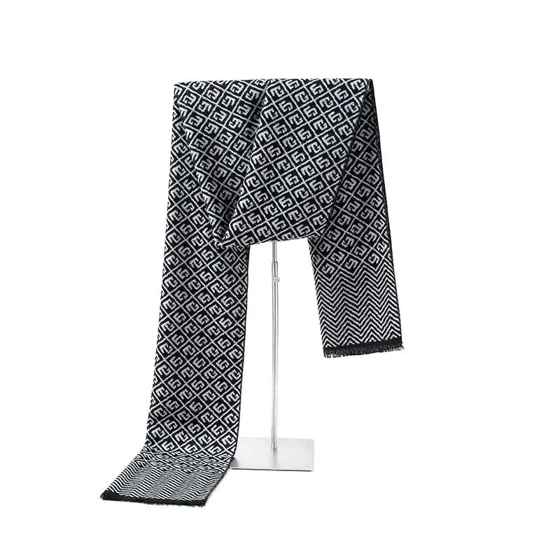 Men's winter scarf in silk and cashmere blend, approximately 180cm long, available in black and grey colours