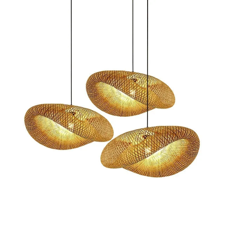 Bamboo straw hat-shaped hanging pendant lamp showing natural bamboo construction and diffused lighting design