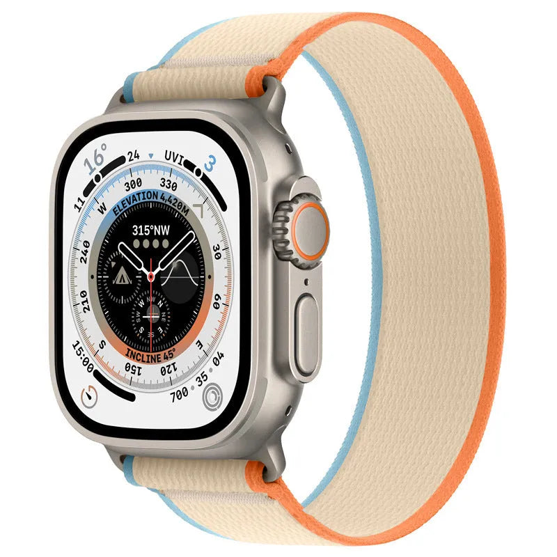 Wild diameter single ring integrated loop nylon strap for Apple Watch in multiple colours.