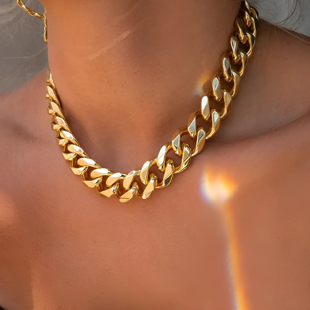 Gold electroplated thick chain necklace for women, measuring 32cm long and 6cm wide.