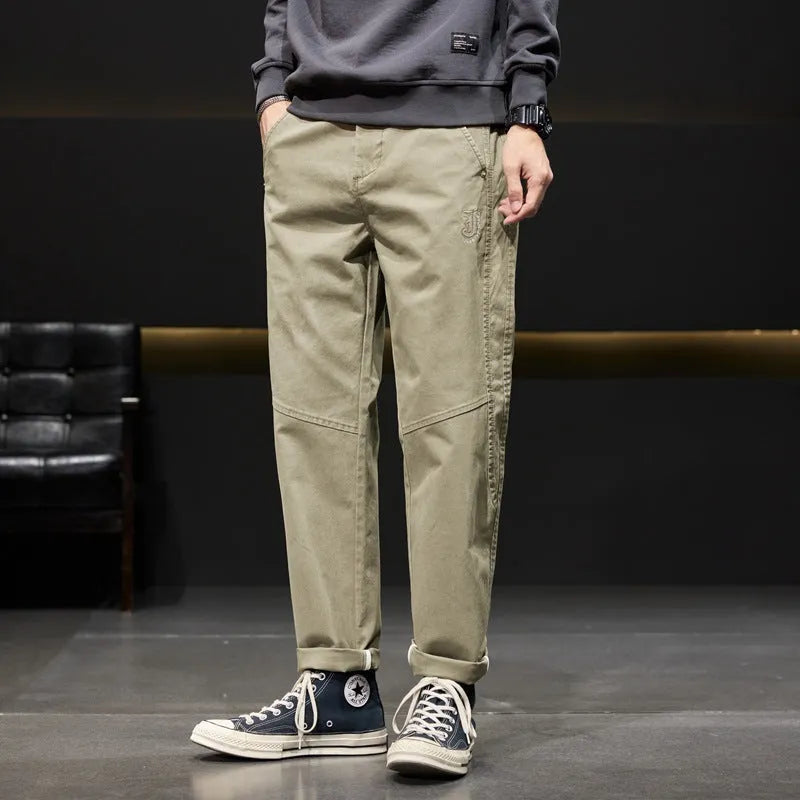 Men's casual retro straight leg trousers in khaki, cotton and bamboo fiber blend, zip fly, high waist