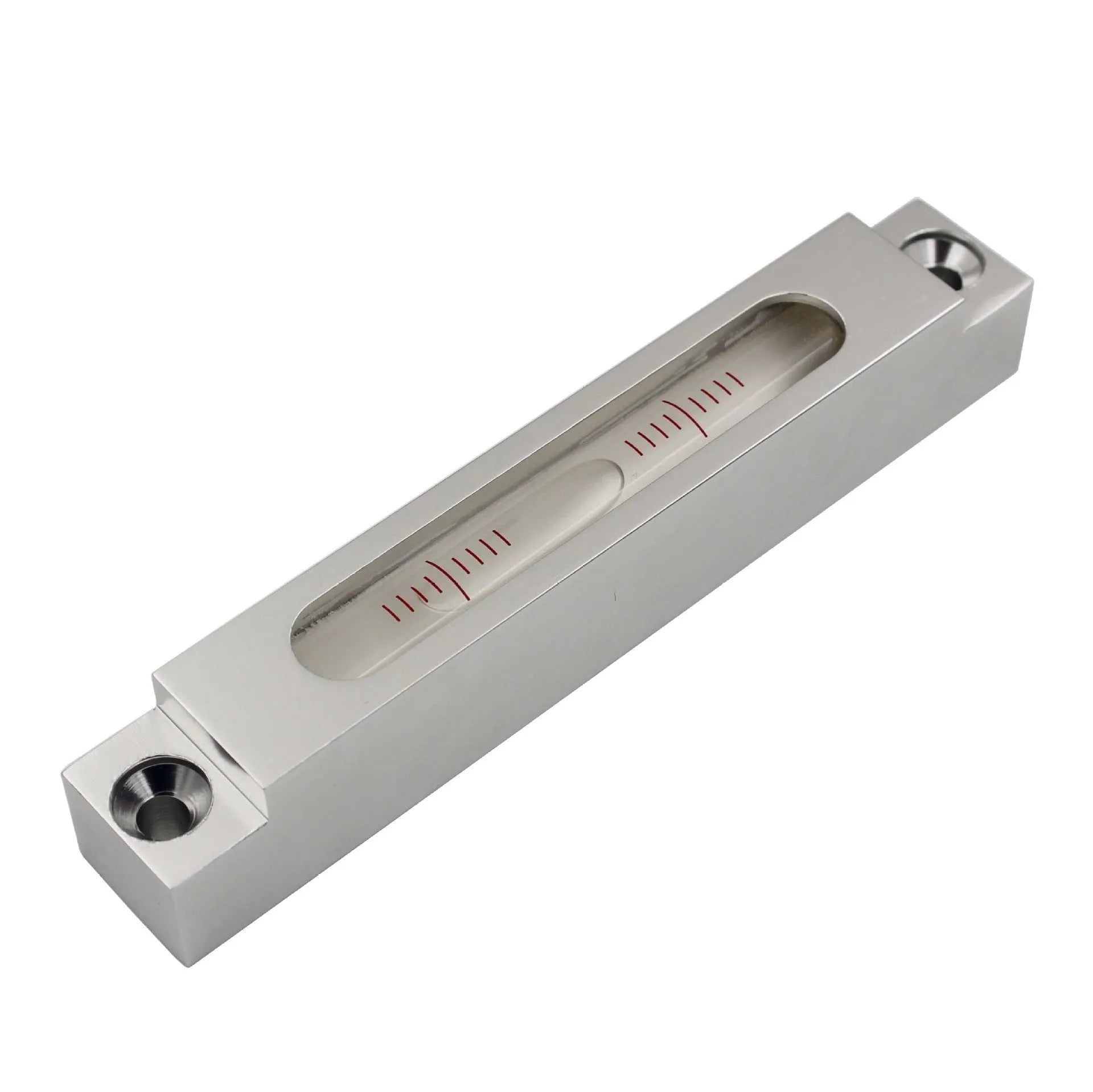 Metal and glass mini strip spirit level showing measurement vials with 500 blisters, compact 132mm design