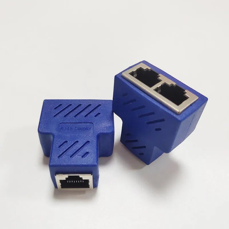 RJ45 network three-way tee splitter adapter in white, one to two Ethernet cable separator with injection moulded housing