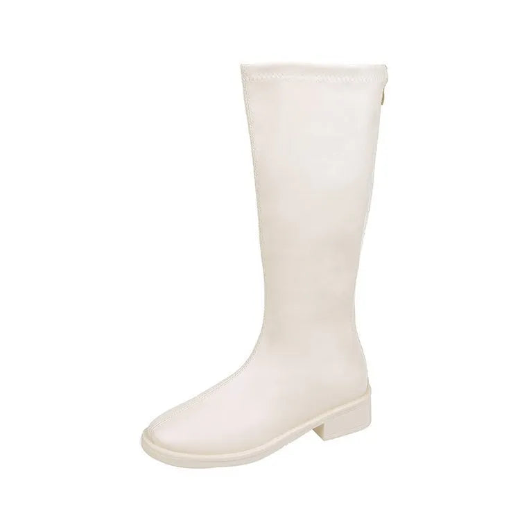 Korean style pure colour all-matching knight boots in black, high cylinder, square toe, back zipper, metal detail