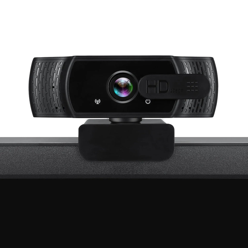 Black USB webcam with built-in microphone and universal clip for computer video calls