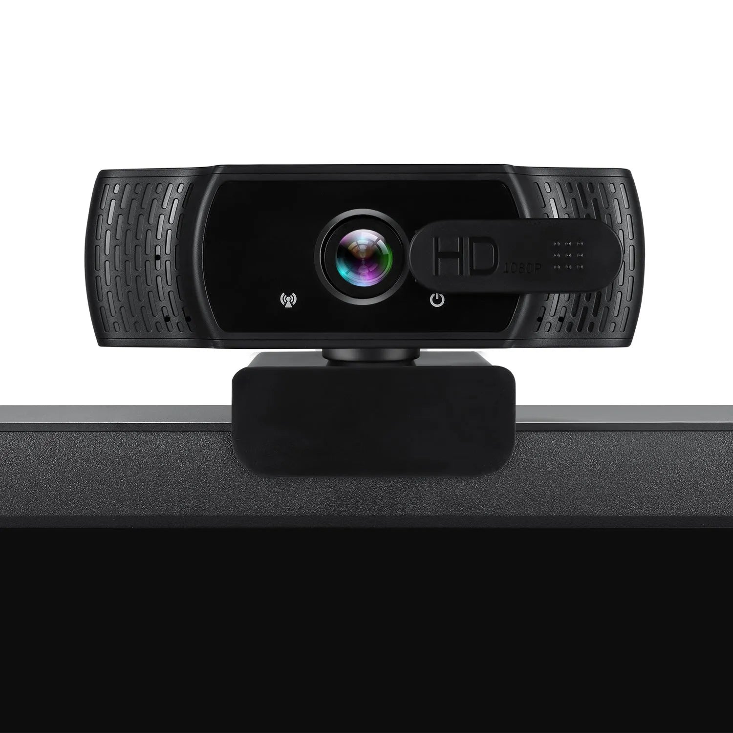 Black USB webcam with built-in microphone and universal clip for computer video calls