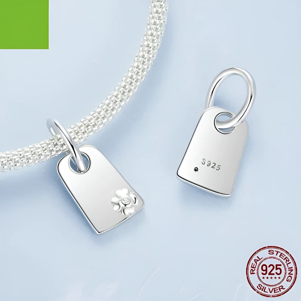 925 silver rectangular pendant with geometric pattern and brand engraving for DIY jewellery making