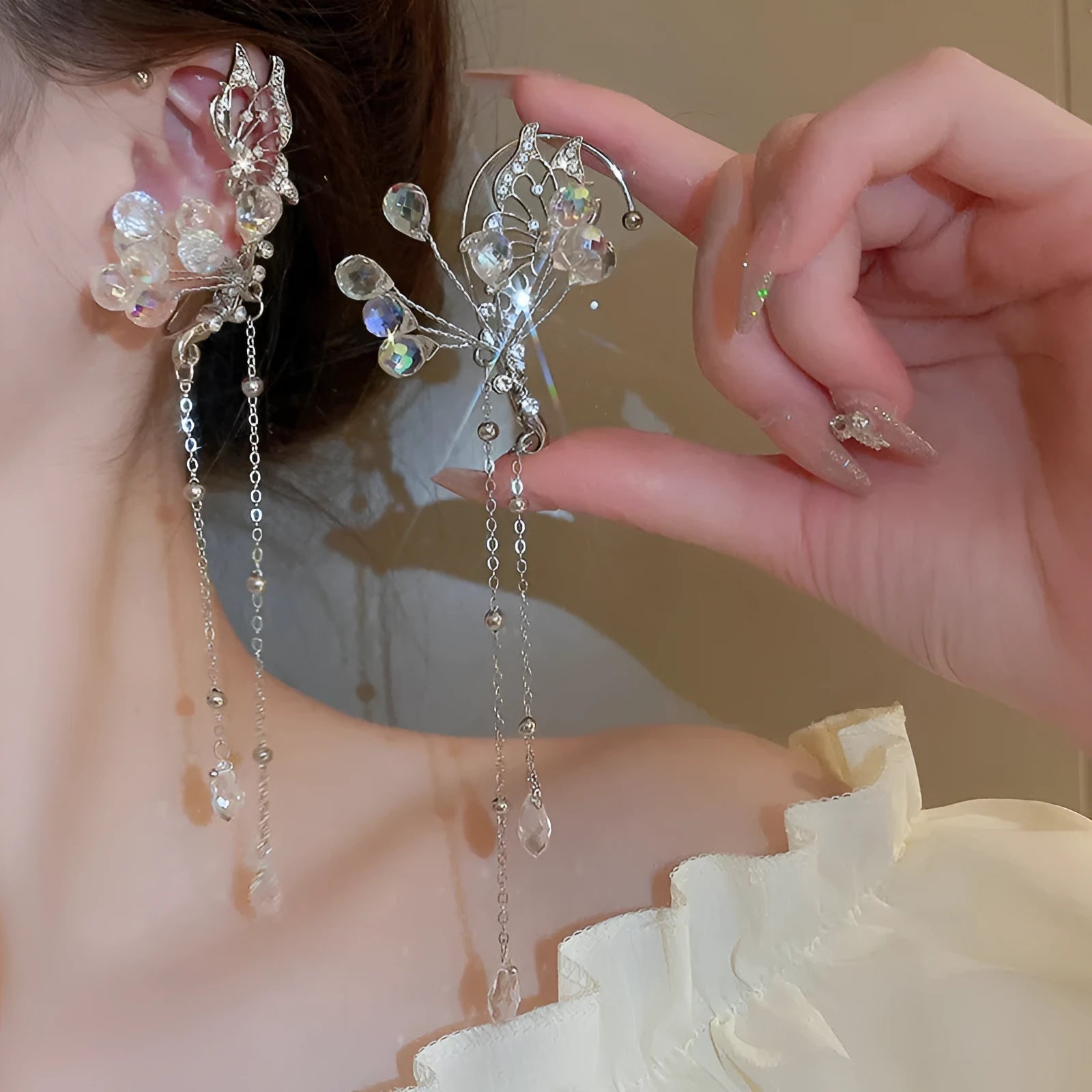 No pierced silver butterfly crystal tassel ear hanging on alloy clip-on for women