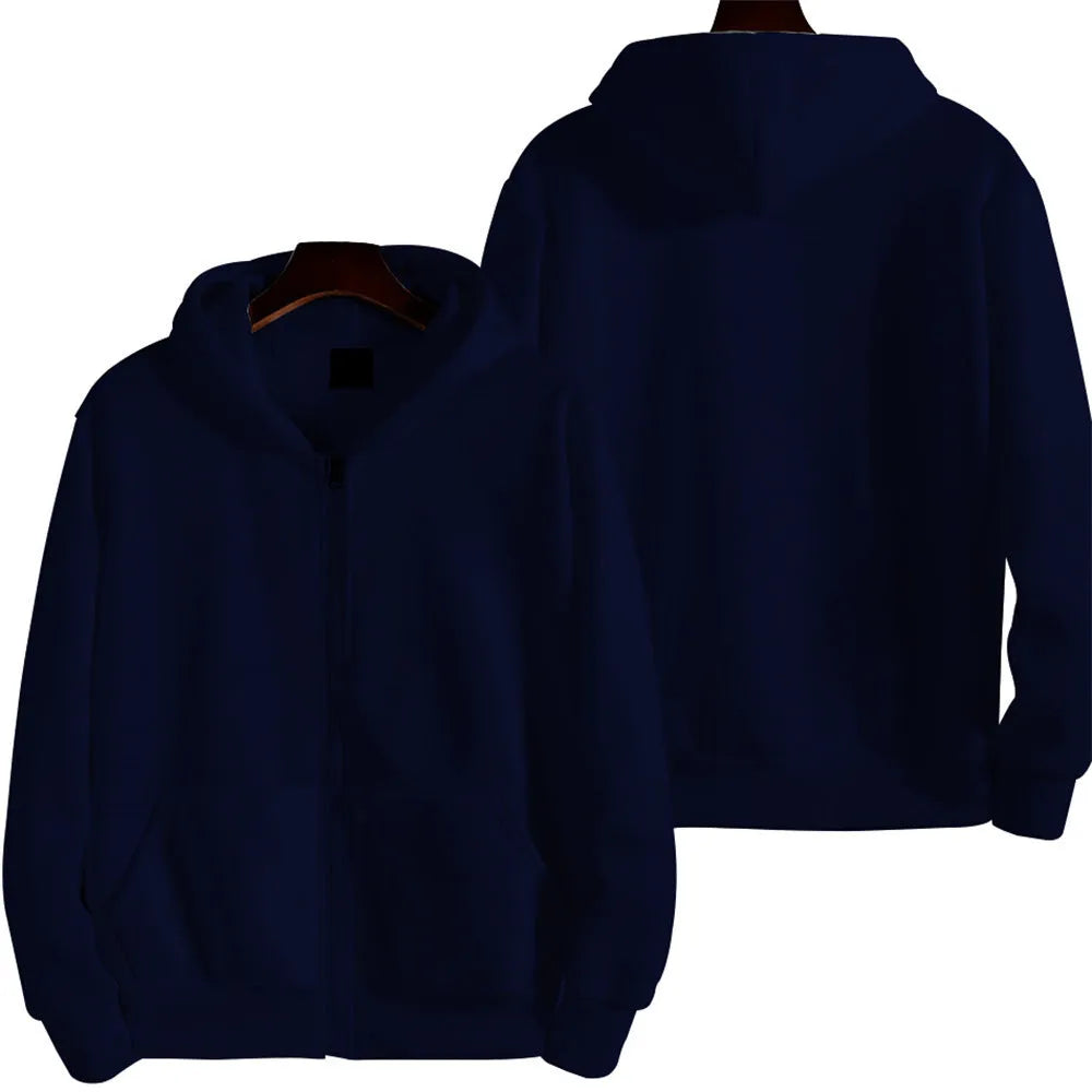 A man's loose fit solid colour zip-up sports jacket in a cardigan style.