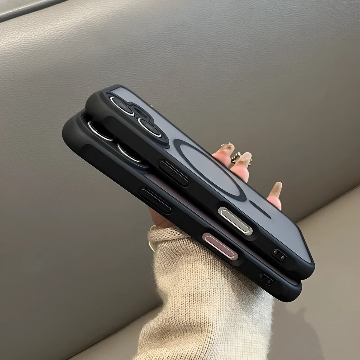 Black magnetic suction phone case for Apple iPhone 12 to 16 series with frosted skin finish