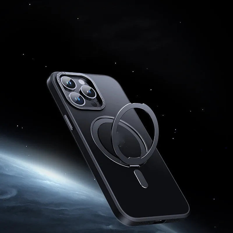 Transparent magnetic shockproof phone case for iPhone on a metallic surface.