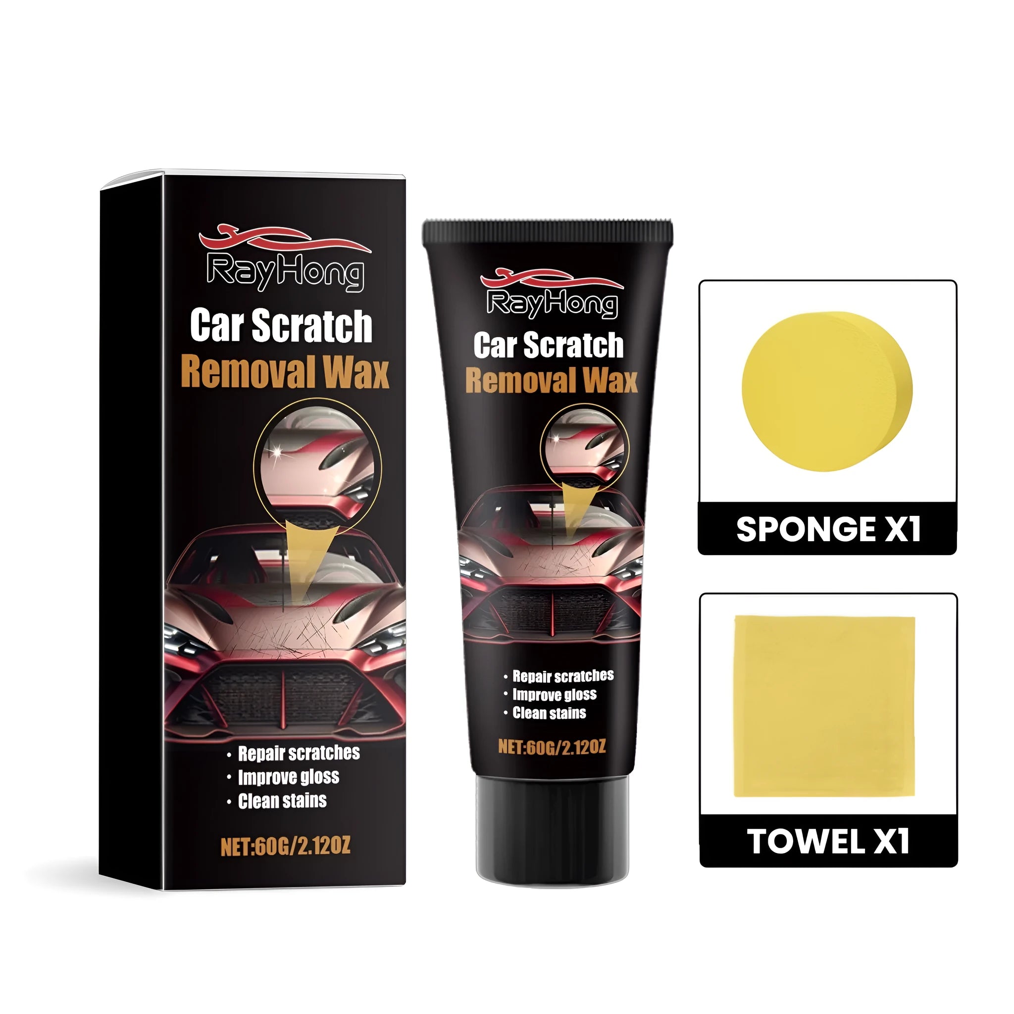 Car scratch removal wax kit with 60g container, sponge applicator and polishing cloth