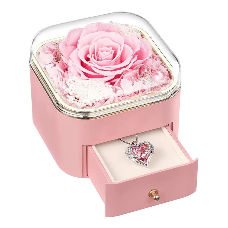 Valentine's Day rose flower drawer jewellery box with preserved real rose and matching love crystal necklace