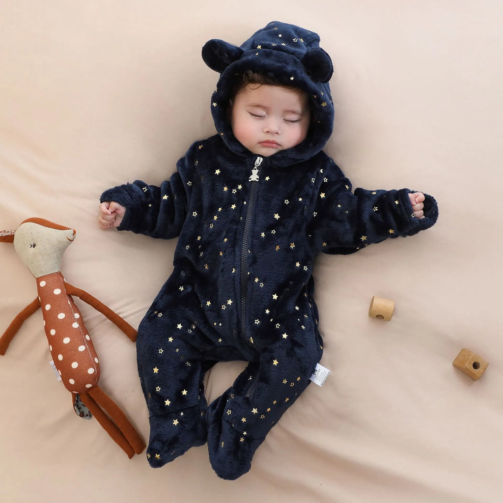 Fleece-lined flannel baby jumpsuit in bronzing bear design, suitable for 50-80cm height