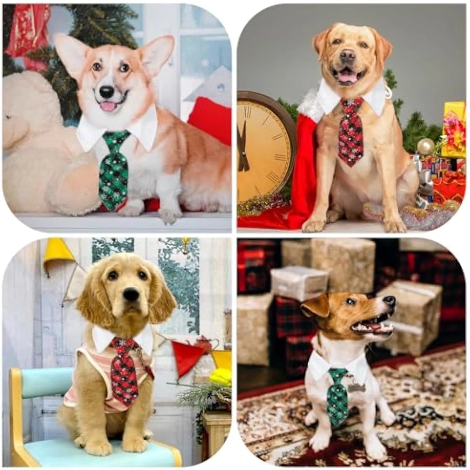 Adjustable Christmas dog necktie in red plaid with snowflake pattern, sized for small medium cats and dogs.