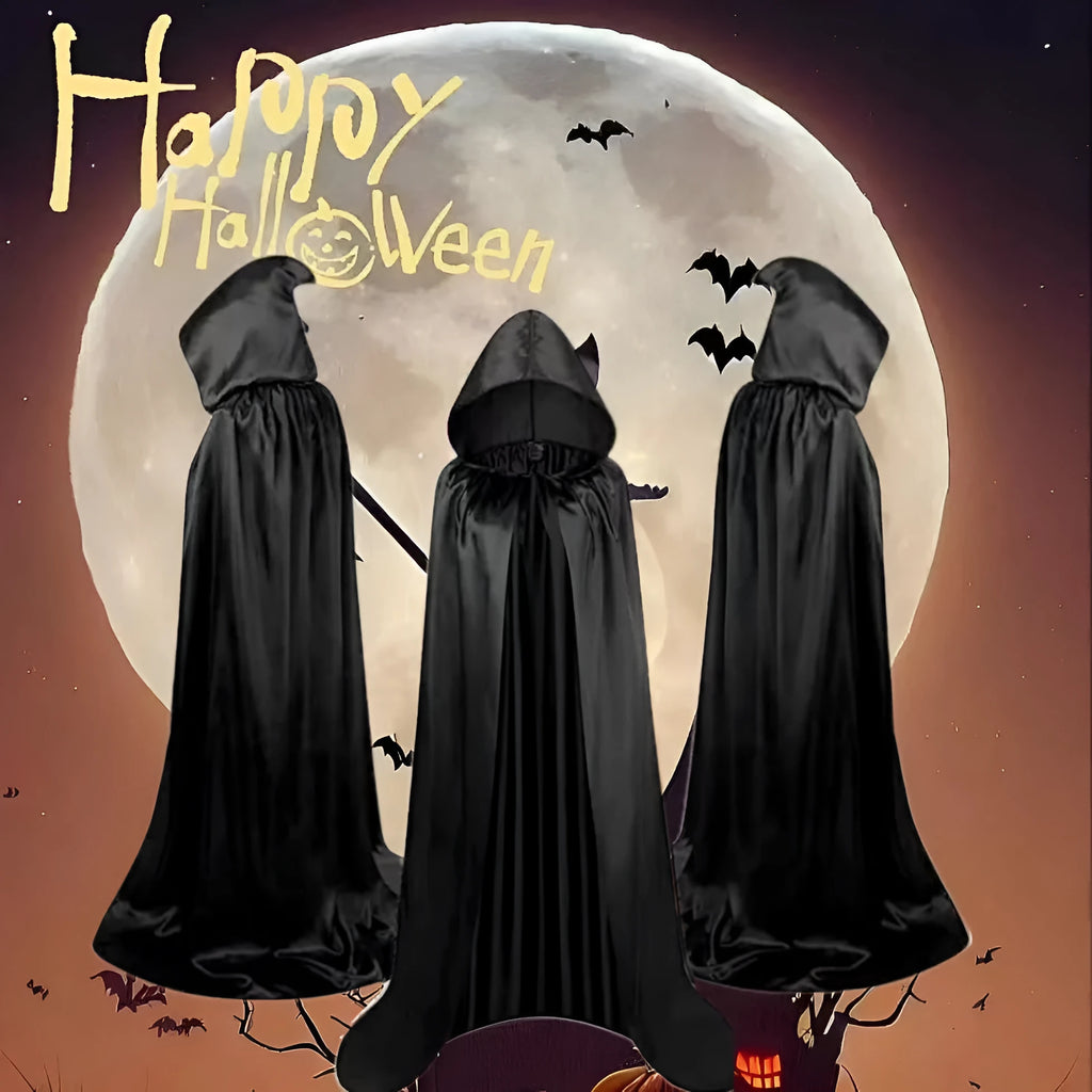 Black satin Halloween cloak with hood for costume parties