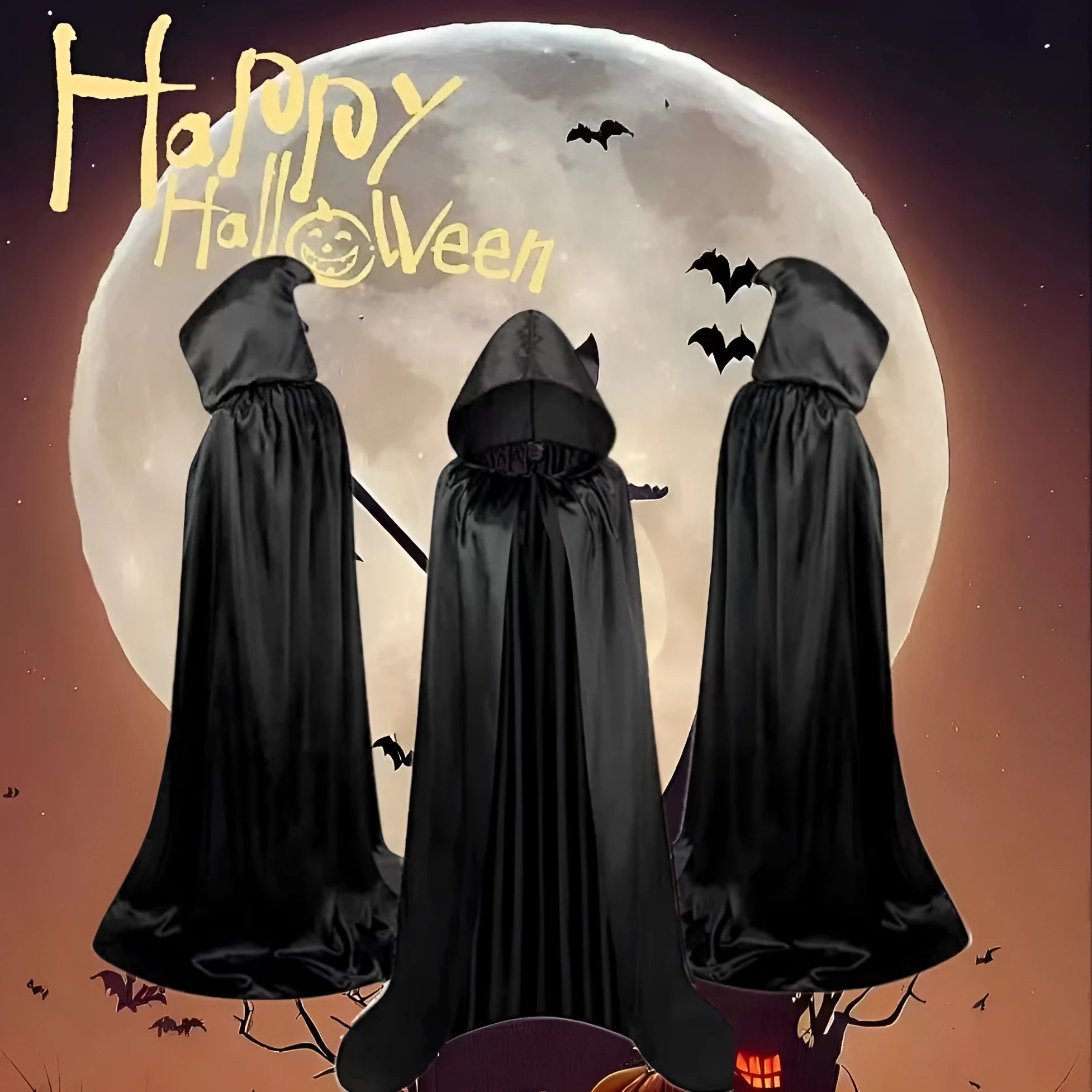 Black satin Halloween cloak with hood for costume parties