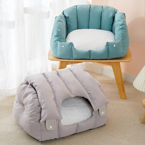 Grey arched cat nest showing both enclosed and sofa configurations for cats and dogs